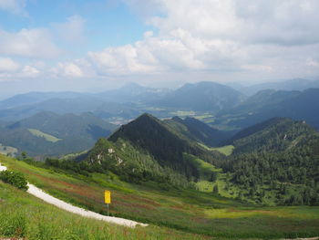 Scenic view of landscape and mountains against sky