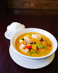 High angle view of soup in bowl on table