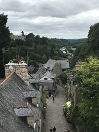 High angle view of houses and buildings in town