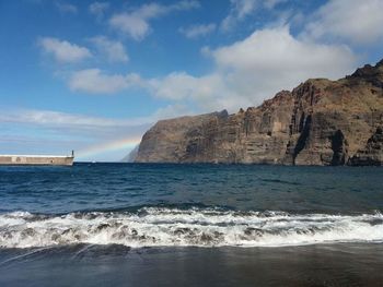 Scenic view of sea and mountain against sky