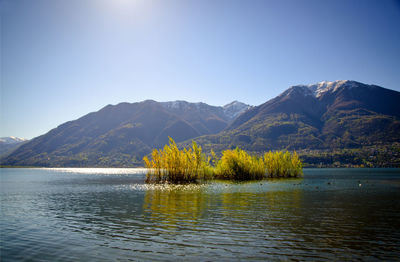 Scenic view of lake and mountains against clear sky