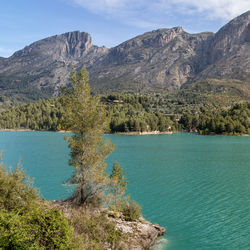 Scenic view of lake and mountains against sky