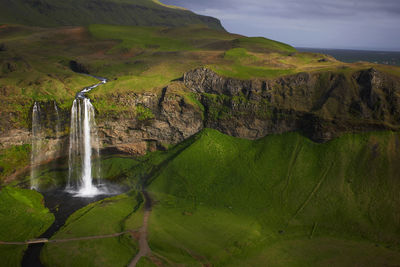 Aerial shot of the waterfall seljalandsfoss in south iceland