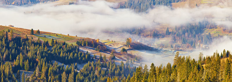 Mountain morning autumn panorama. colorful fall landscape, fog. majestic misty  valley, village