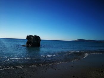 Scenic view of sea against clear blue sky