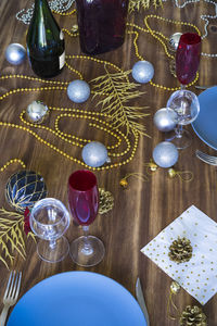 High angle view of christmas decorations on table