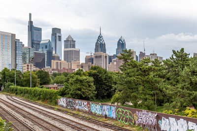 View of buildings in city against cloudy sky in philadelphia