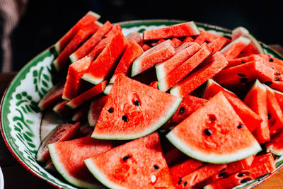 High angle view of chopped fruits in plate