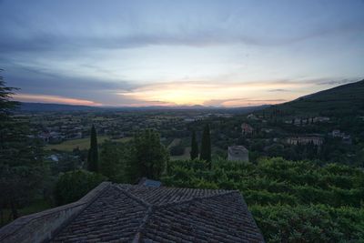 High angle view of townscape against sky during sunset