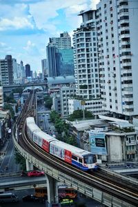 Aerial view of city street and buildings against sky