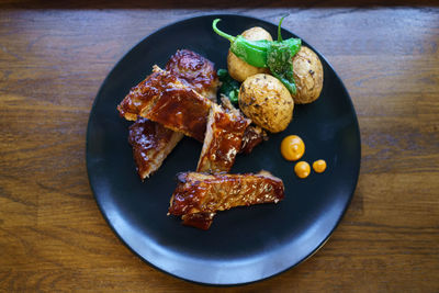 High angle view of food in plate on table