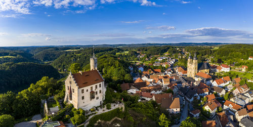 High angle shot of townscape against sky