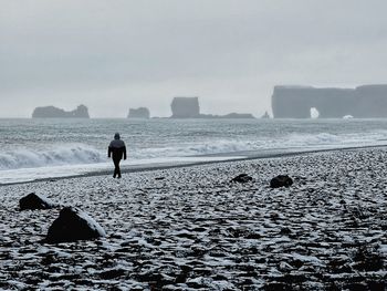 Rear view of man standing on beach against sky