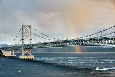 Bridge over sea against moody sky and rainbow during sunset