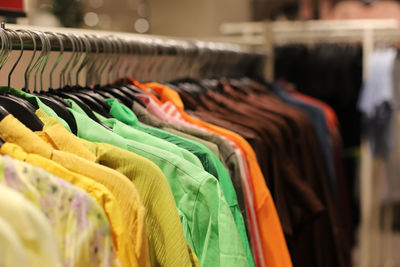 Close-up of colorful clothes for sale