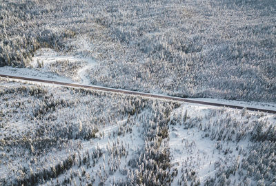 High angle view of snow covered land