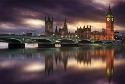 View of bridge over river with buildings in background