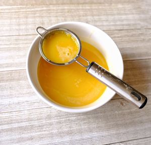 High angle view of soup in bowl on table