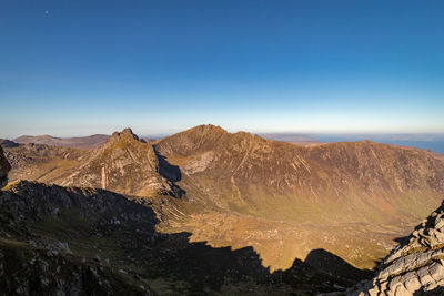 Scenic view of mountains against clear blue sky