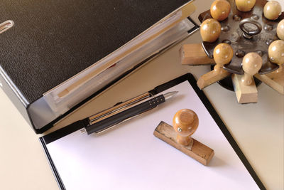 High angle view of books on table