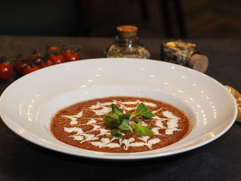 High angle view of food in plate on table