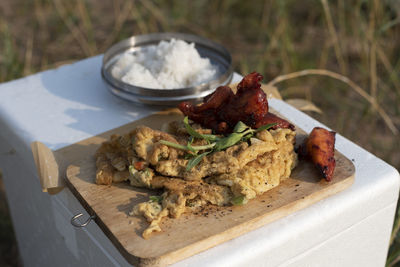 High angle view of food in plate on table