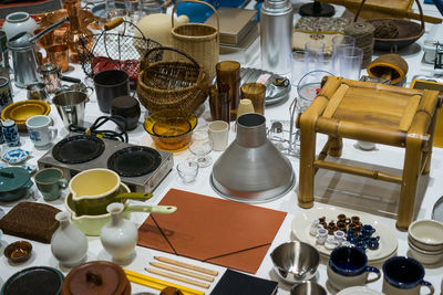 High angle view of objects on table