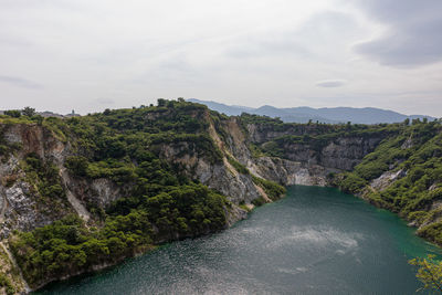 Scenic view of river amidst mountains against sky