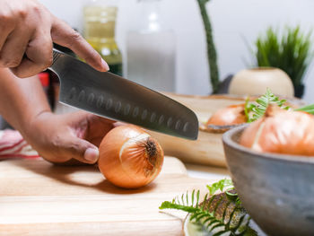 Cropped hands cutting onion on table