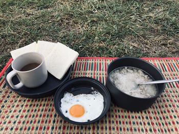 High angle view of breakfast on table