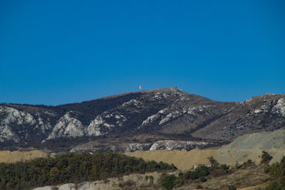 Scenic view of mountains against clear blue sky