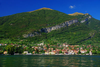 Calm lake against lush foliage against blue sky