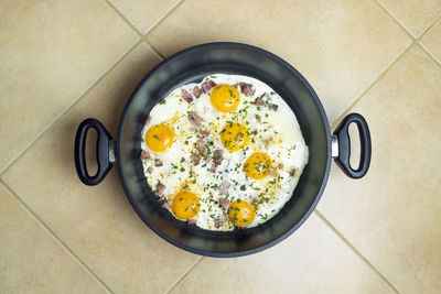 High angle view of breakfast on table