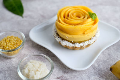 High angle view of dessert on table