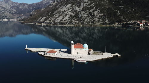 High angle view of building amidst lake