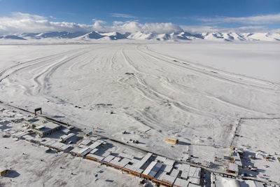 Aerial view of snowcapped landscape against sky