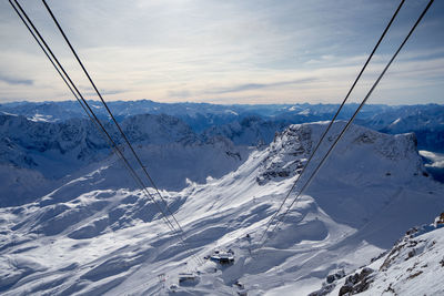 Scenic view of snow covered mountains against sky