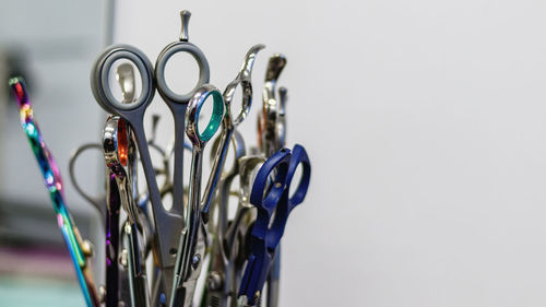 Close-up of dental equipment against white background