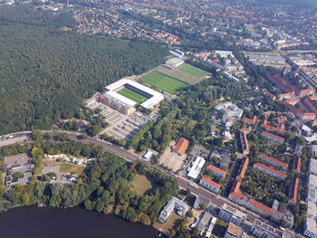 High angle view of buildings in city