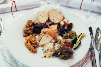 High angle view of breakfast served on table