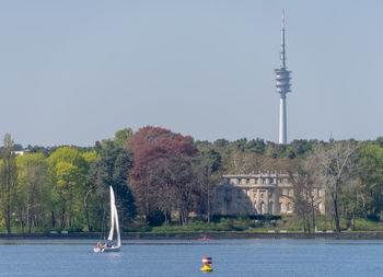 View of communications tower against sky