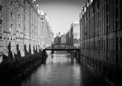 Footbridge over canal amidst buildings