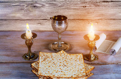 Close-up of illuminated candles on table