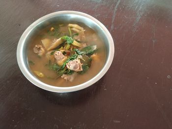 High angle view of soup in bowl on table