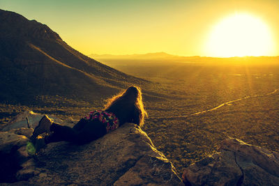 Dog on landscape against sky during sunset