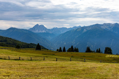 Scenic view of landscape and mountains against sky