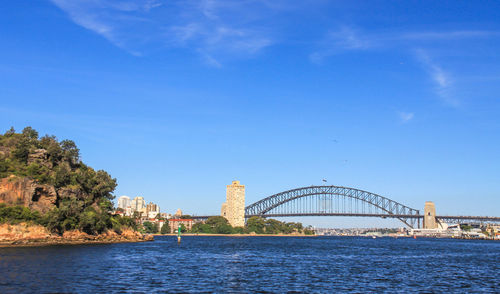 View of bridge over river against blue sky