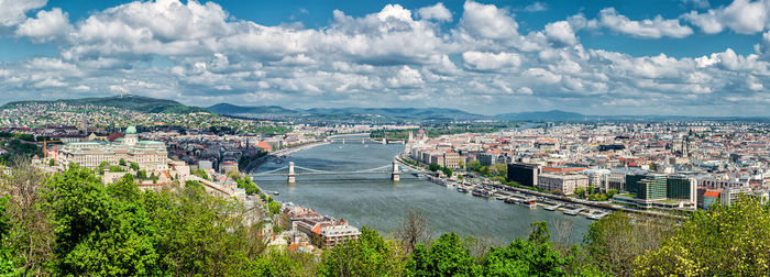 Panoramic view of chain bridge against cloudy sky