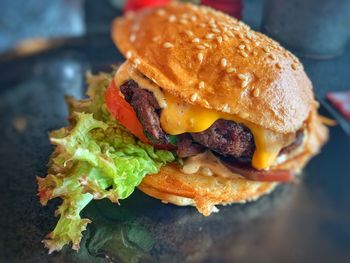 Close-up of burger in plate