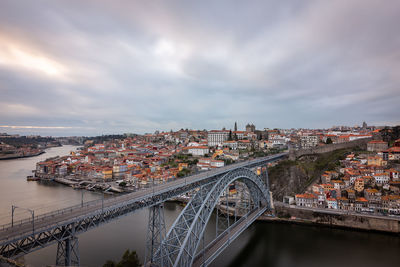 High angle view of bridge over river amidst buildings in city